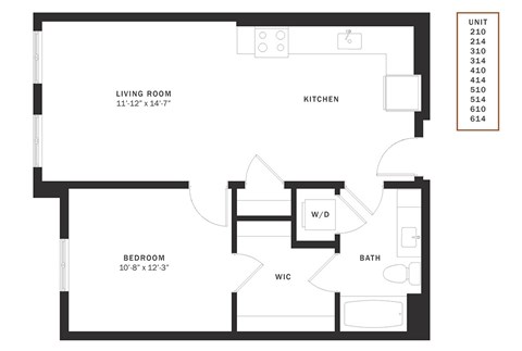 Floor plan for 1 bed, 1 bath, 685 sqft